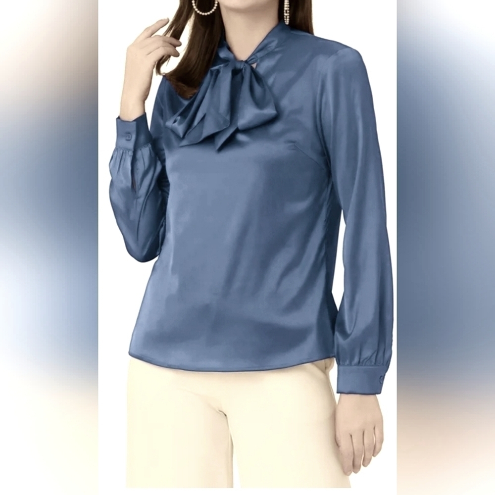 Allegra K BowTie Neck Solid Long Sleeve Satin Blouse METALLIC BLUE | SMALL